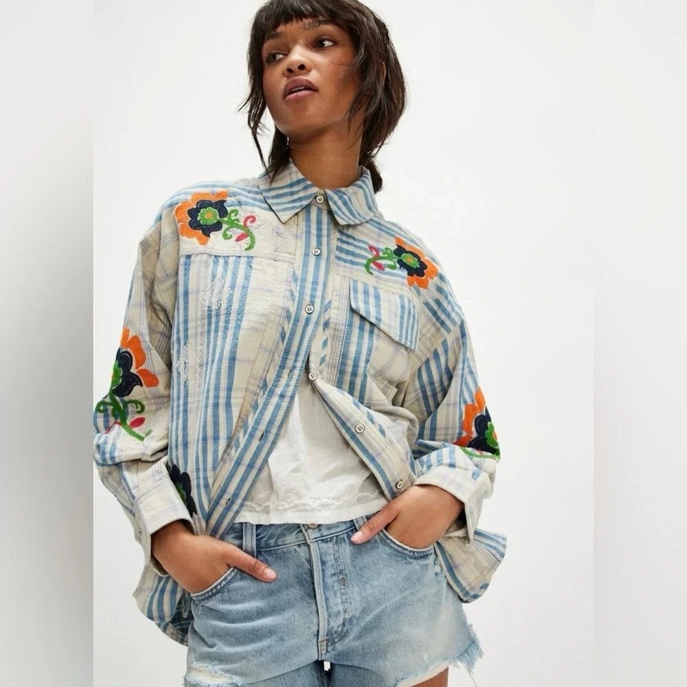NWT We The Free Blue Plaid Sashiko Flannel Shirt with Floral Embroidery M - Picture 11 of 11
